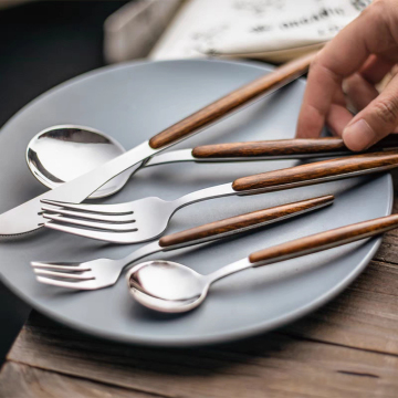 European Style Golden Cutlery with Wooden Handles - Stainless Steel Knife Fork Spoon Set