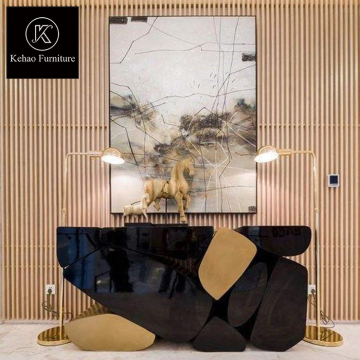 Modern Italian Designer Console Table in Polished Stainless Steel with Stone Shape Gold and Black Finish
