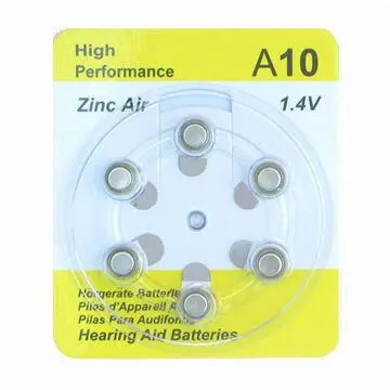 A10 qualified zinc-air button cell battery used for hearing aid, 95mAh 1.4V, high performance