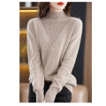 French patchwork cut-out semi-wool turtleneck top