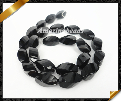 Natural Black Onyx Faceted Twisted Rice Shape Gemstone Bead (AG018)