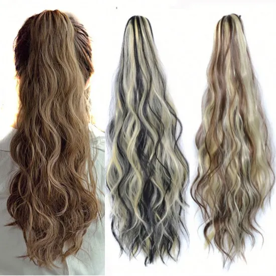 MYZYR Corn Wavy Long P onytail Synthetic Hairpiece Wrap on Clip Hair Extensions Ombre Brown P ony Tail Blonde Fack Hair