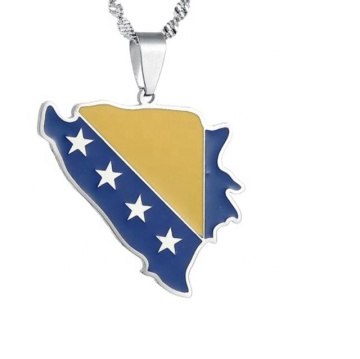 Yiwu Aceon Stainless Steel Waved Edge Deep Engraved Star Multi Color Enamel Bosnia and Herzegovina Map Pendant