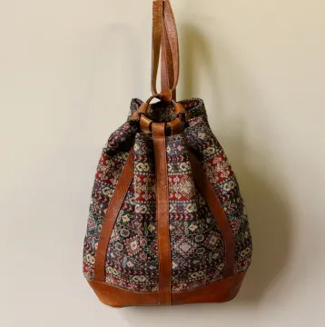 custom high quality woven tribal fabric and leather drawstring backpack