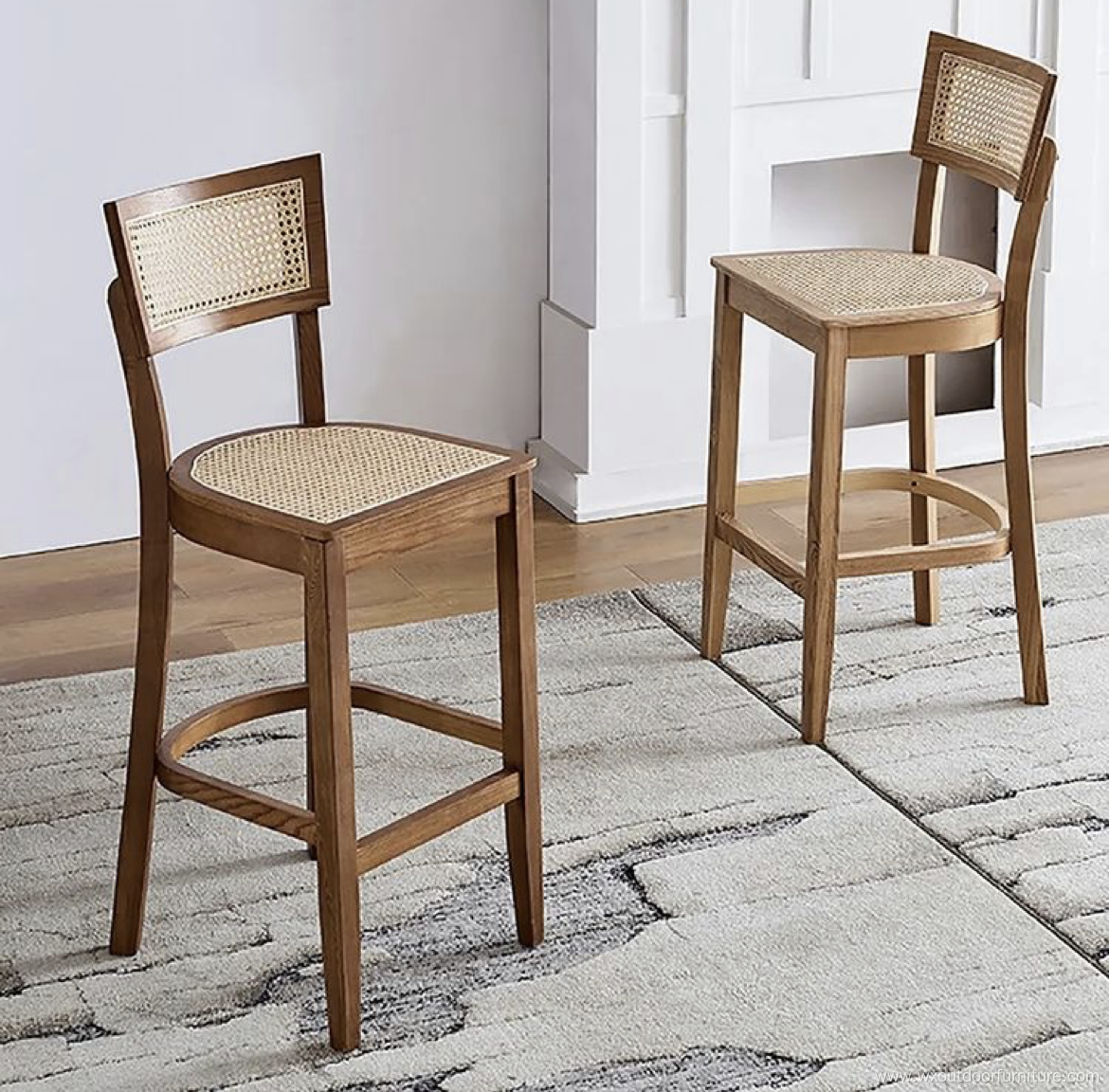 Wooden Coffee Cafe Shop Armrest high Kitchen Restaurant Dining Wood Bar Counter Stool with Rope Seat