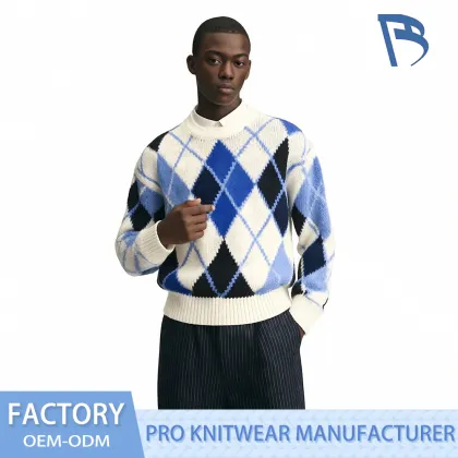 Elegant Ice Blue Knit Sweater with Argyle Pattern