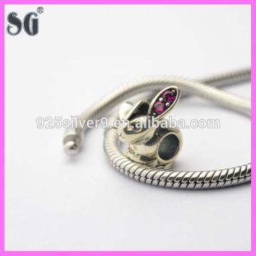 Hight Quality Animal Rabbit Silver Charm With Rhodium Treatment / Purple CZ Fits For European Charm Bracelet_Necklace_Pendant