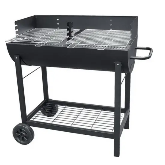 Large Rectangular Oil Drum Barrel Charcoal Barbecue Bbq Grills with Trolley for Outdoor Patio Garden Party