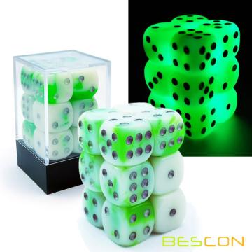 Bescon Two Tone Glowing Dice D6 16mm 12pcs Set Luminous Jade, 16mm Six Sided Die (12) Block of Glowing Dice