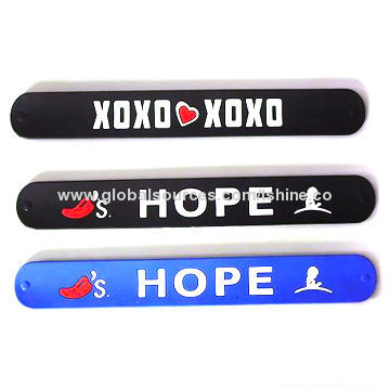 Slap Wristband in silicone with logo embossed, printed and debossed