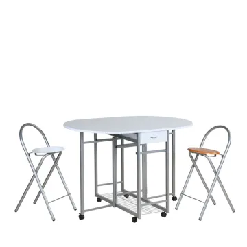 Modern Oval White Folding Dining Table with 2 Chairs and Wheels