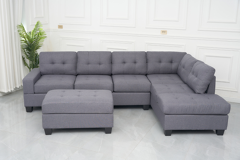 Stationary Fabric L Shape Sofa with Ottoman