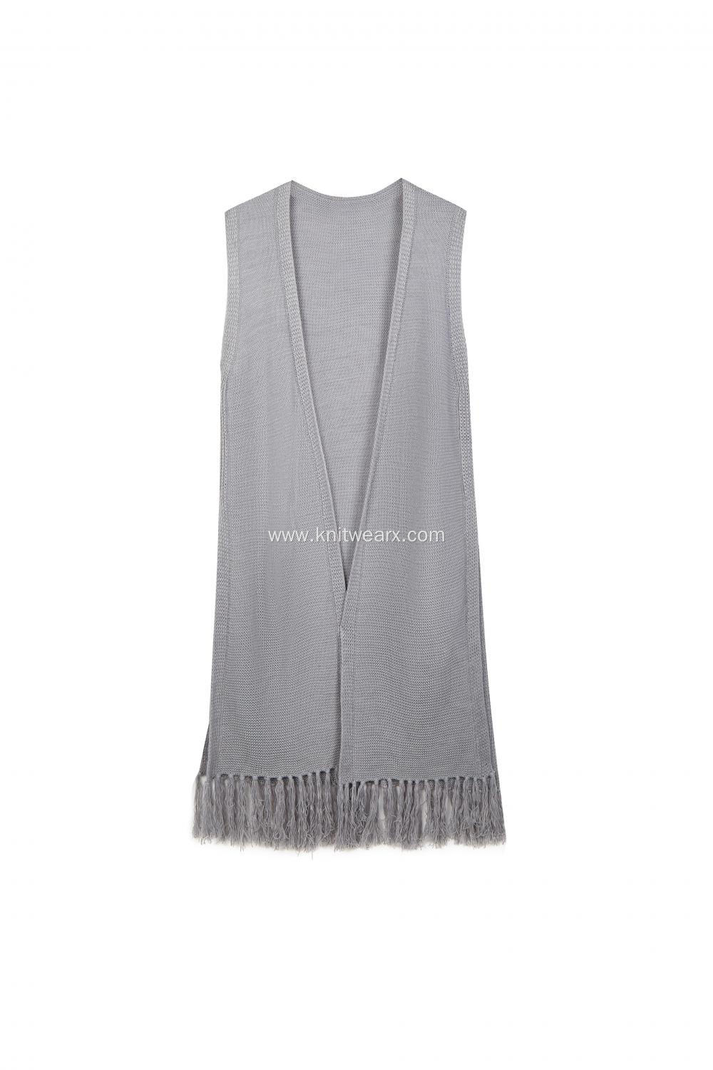 Women's Knitted Sleeveless Tassel Hem Side Slit Cardigan