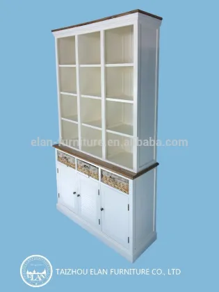 wooden kitchen cupboard furniture solid wood cabinet set with rattan basket drawers