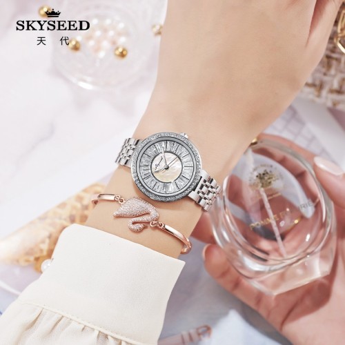 SKYSEED Reloj de moda para mujer británica con diamantes incrustados