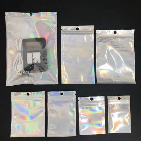 Custom Logo Aluminium Clear Barrier Bag with Holographic Hanging Zipper and ESD Moisture Protection