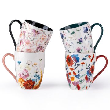 Set of 4 Modern Floral 12OZ Porcelain Coffee Mugs - Dishwasher & Microwave Safe
