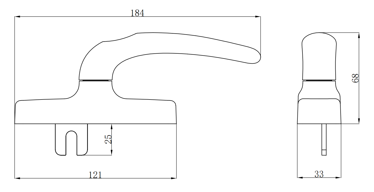 BC802 aluminum casement window handle technical drawing showing 184 mm lever length 121 mm base width and 68 mm overall height
