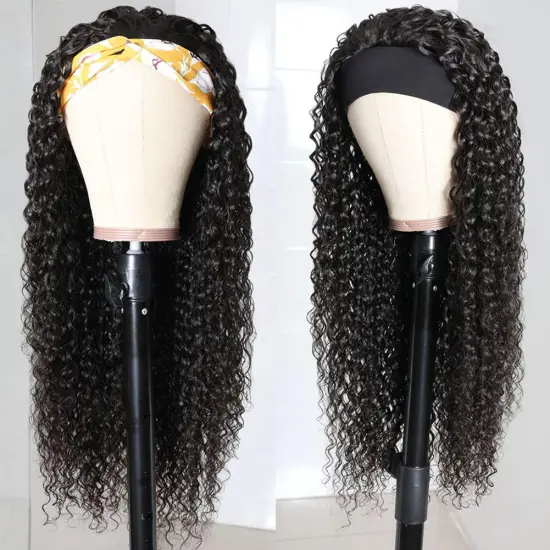 Water Wave Headband Human Hair Wigs For Black Women Brazilian Scarf Wig No Gel Glueless Remy Curly Human Hair Wigs With Headband