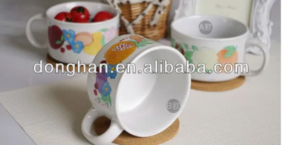 porcelain soup bowl with handle and wooden tray