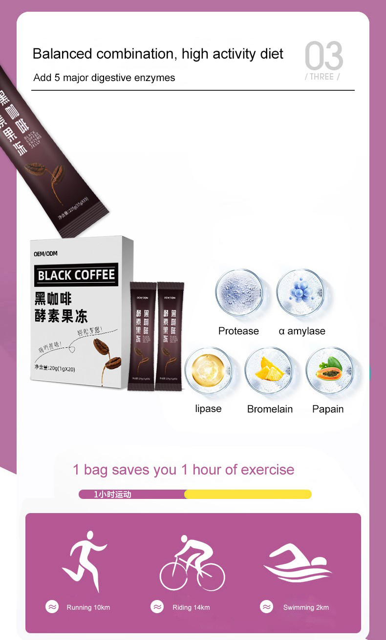 OEM/ODM Natural Flavor Fruit Fiber Fat Loss Black Coffee Detox Enzyme Jelly Weight Loss Slimming Jelly