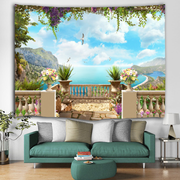 Sea View Flower Tapestry Seagull Mountain Wall Hanging Blue Spring Tapestry Tropical Style Tapestry for Bedroom Home Dorm Decor