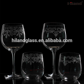 2016 new designed hand blown etched flower drinking glass