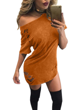 Hot Sale Women Summer Solid O-Neck Short Sleeve Hollow Out Mini Dress