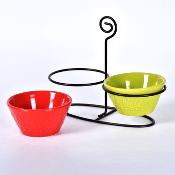 Snacks Ceramic Sauce Dipping Bowls with Iron Stand