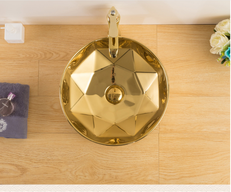 Vaso atacadista de cerâmica dourada e preta, banheiro redondo, lavatório com pia de bancada novo design de bacia de arte