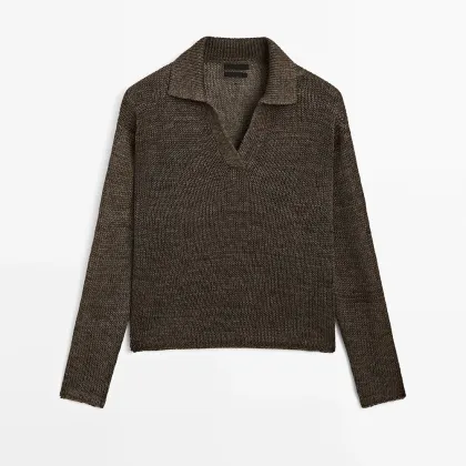 Women's 100% linen polo shirt collar knit sweater