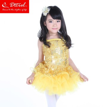 Sexy yellow sequin sleeveless kids party dresses dance costume D008009