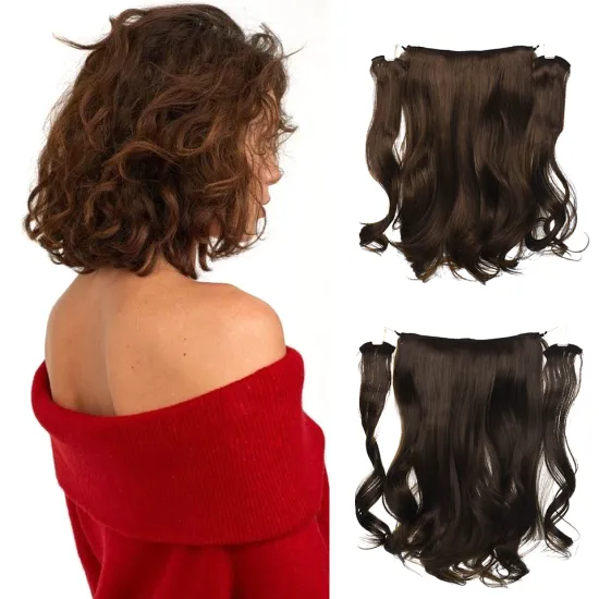 Cheap Silky 18Inch Black Brown Soft Long Wavy 9 Clips Piece Invisible Wire Three Hairpieces Fish Line Synthetic Hair Extensions