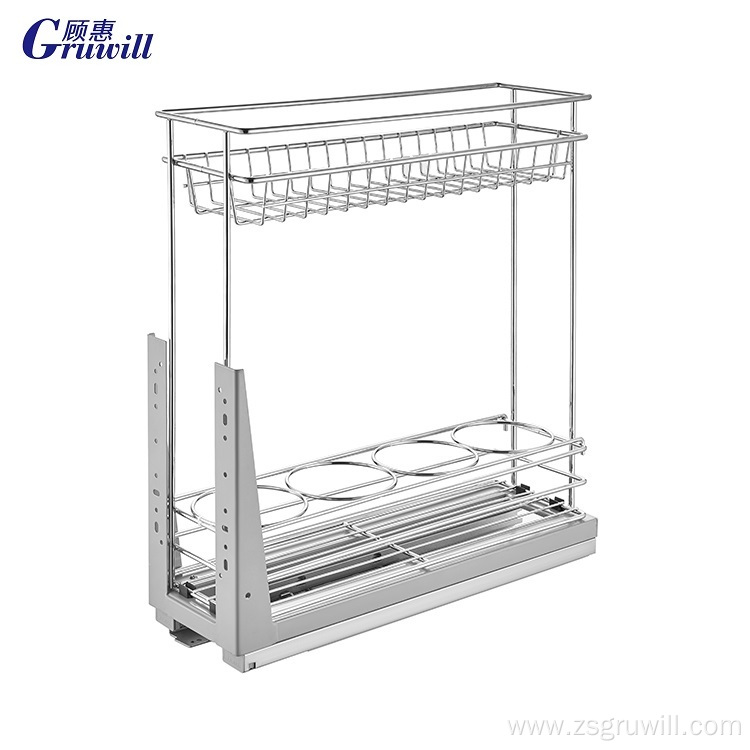 Kitchen storage cabinet drawer bottle pull-out wire basket