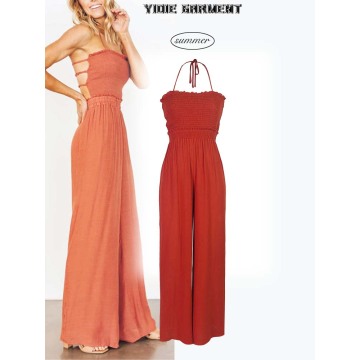 Cheesecloth Shirred Open Back Maxi Jumpsuit