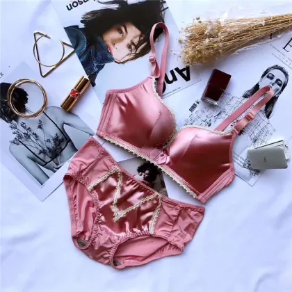 Women's Mixed Color Silk Bra and Brief Set with Bow Knot