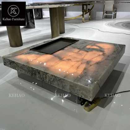 Il Italian Luxury Square Marble Coffee Table with Translucent Onyx and Backlit Patagonia Marble