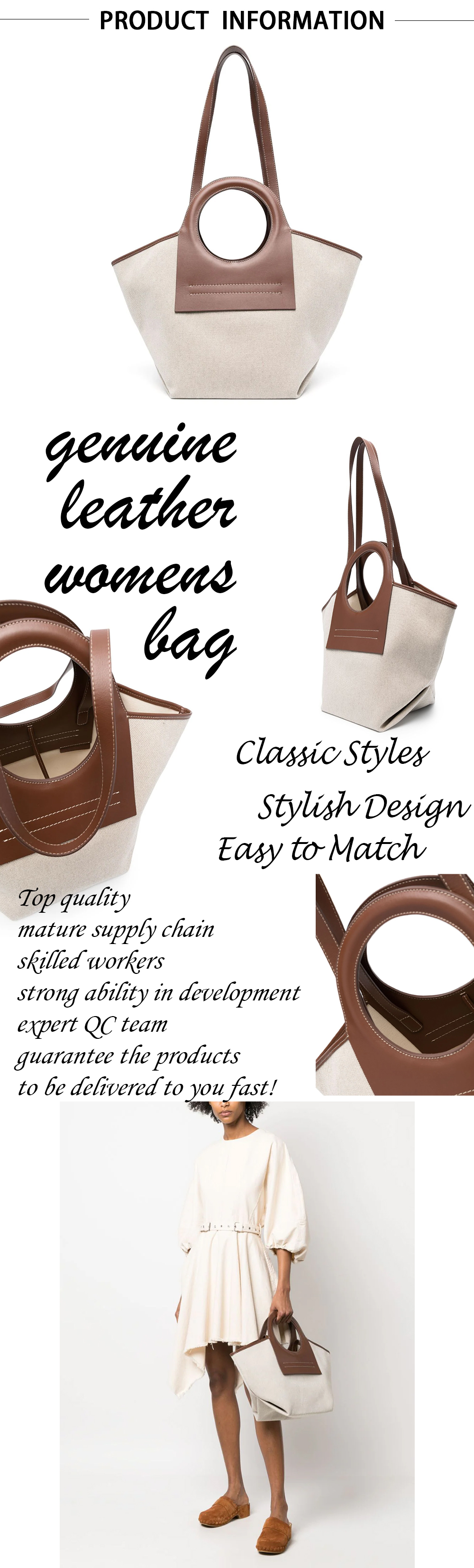 Retro Leather Handle Canvas Handbag