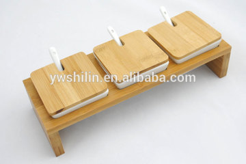 Hot Sales Bamboo spice jar with 3 Ceramic bottle