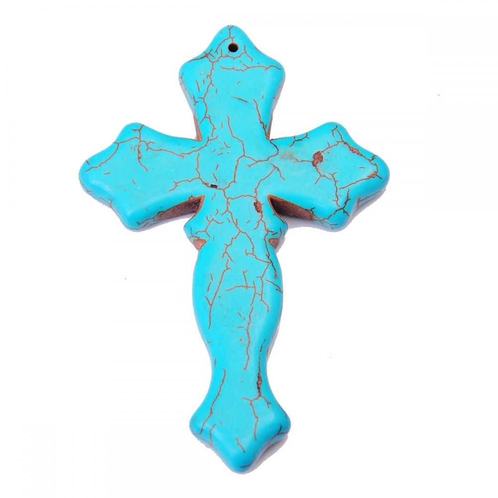 Pendentif croix turquoise pierre semi-précieuse 75X50MM