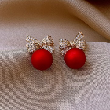 Christmas Bow Round Beads, Pearl, and Diamond Earrings: A Stylish Women's Fashion Accessory