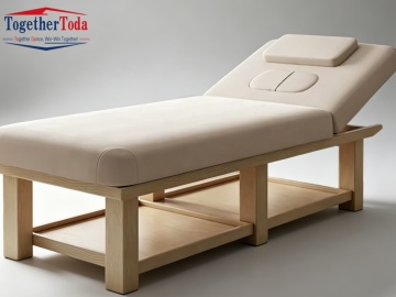 Lettino per il viso in legno di alta qualità con ripiano portaoggetti per salone spa e clinica