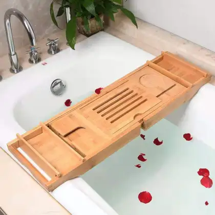 Bamboo Bath Caddy Tray Wooden Bathtub Adjustable Holder