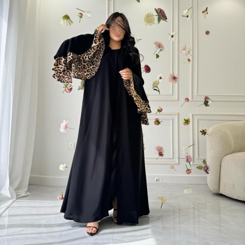 Siyah Leopar Fırfır Kol Açık Kimono Abaya