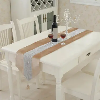 17 1 PCS Table Runners Print Flannel Rhinestones Ribbon Rustic Home Decoration Table Runners Black White Grey