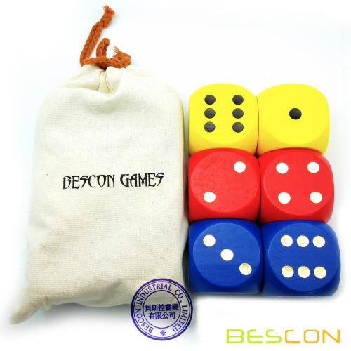 Bescon Big Solid 2 inch Wooden Dice Set of 6pcs - Large Gaming Dice Set 2" with Drawstring Canvas Bag - Large Wood Dice Set