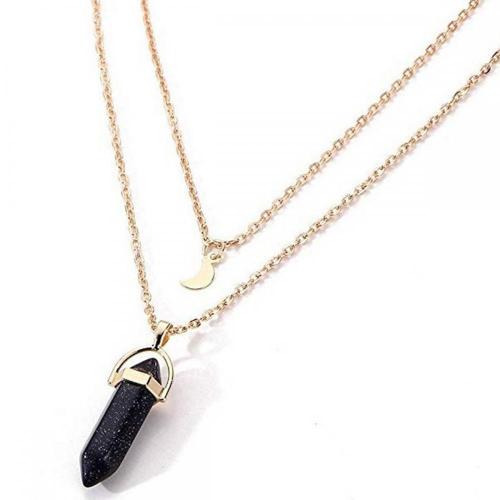 Healing Chakra Gemstone Pointed Hexagonal Pendant Layered Crystal Moon Necklace Gold Metal Chain Choker Jewelry for women Girl