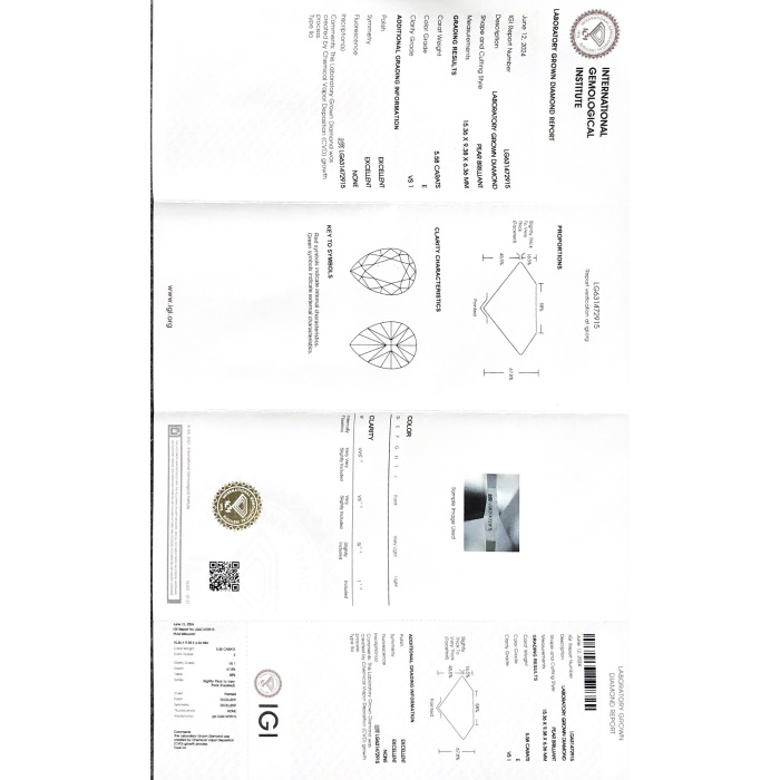 CVD Pear Cut 5.58CT E VS1 2EX Lab Grown เพชร