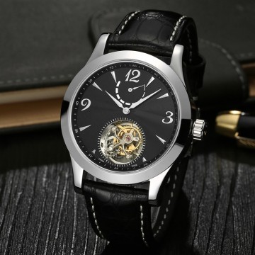 Classical Black Tourbillon Movement Watch For Men, Custom High End Leather Band Wrist Watch