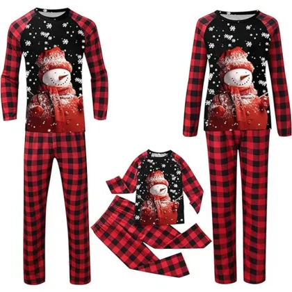 Parent-Child Plaid Patchwork Printed Home Suit Set for Christmas Pajamas